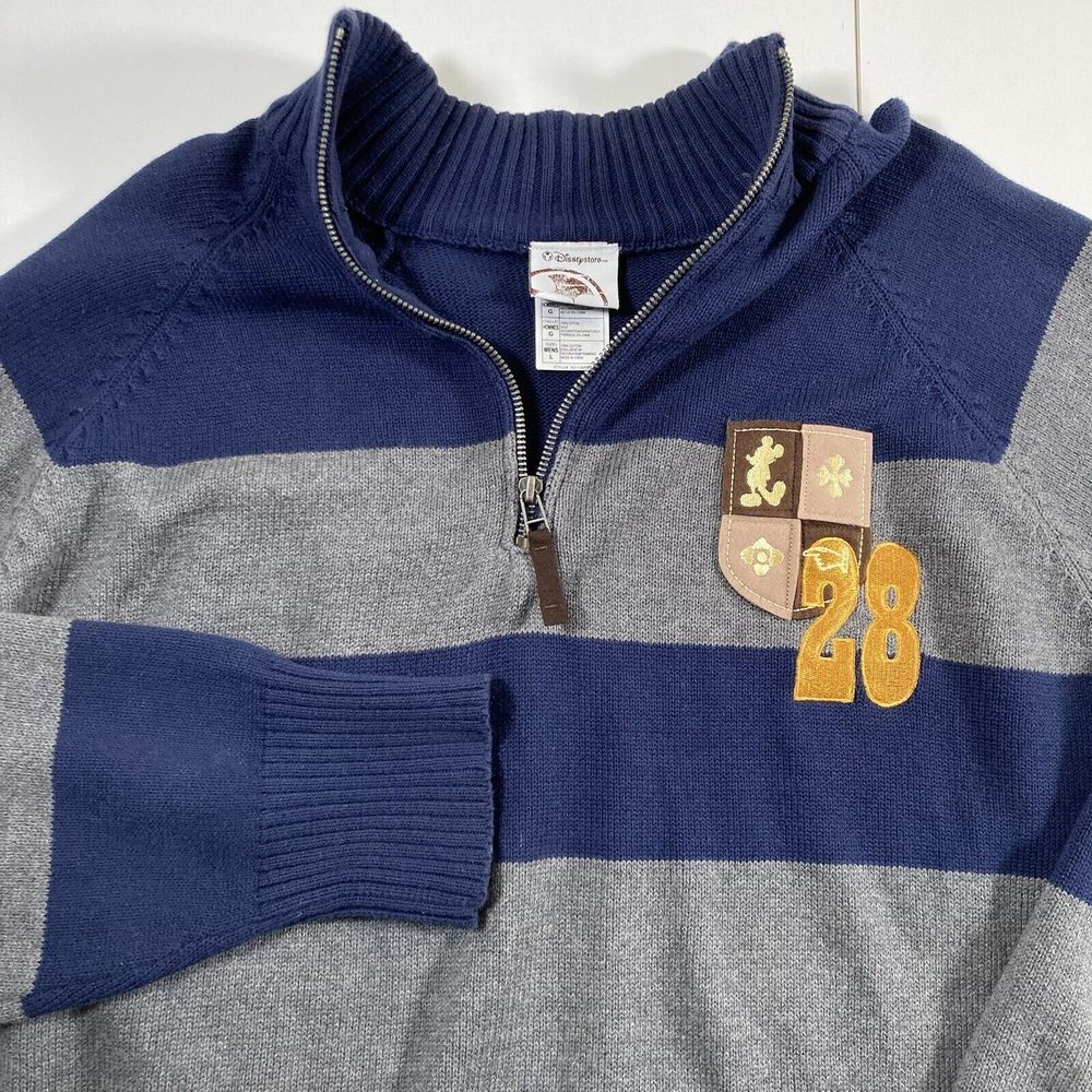 Disney Store Mickey Sweater L 1/4 Zip Blue Gray Striped Knit Pullover Rugby